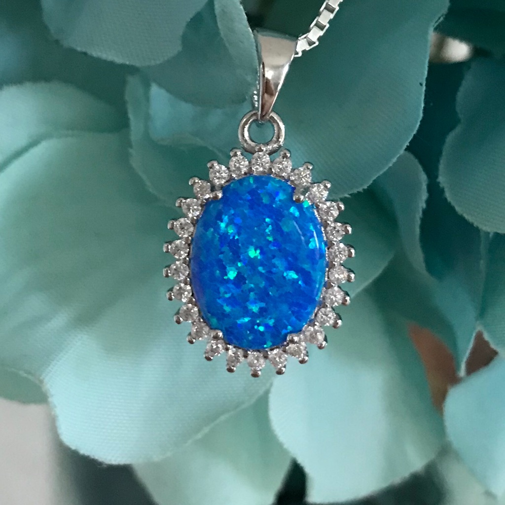 Sterling Silver Round Blue Lab Opal Necklace